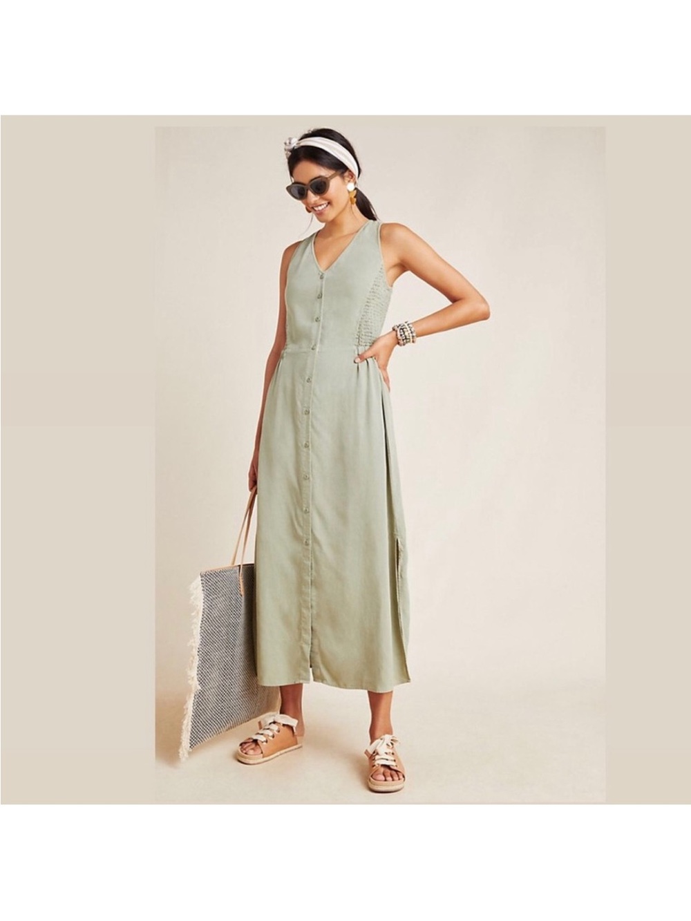 Cloth & Stone Sleeveless Button-Front Maxi Dress in Sage
